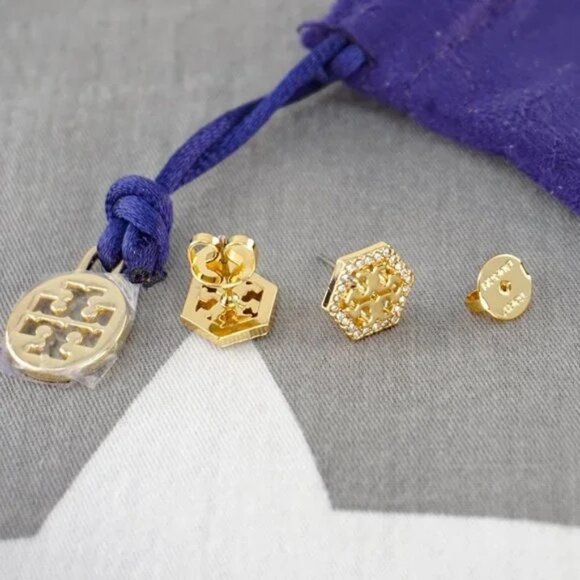 Tory Burch Hex Pavé Stud in Gold Earrings - Picture 2 of 3